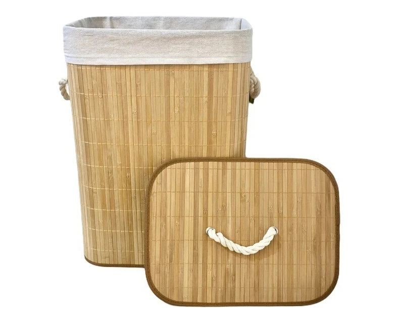 Collapsible Rectangular Bamboo Laundry Basket Clothes Bin Washing Hamper