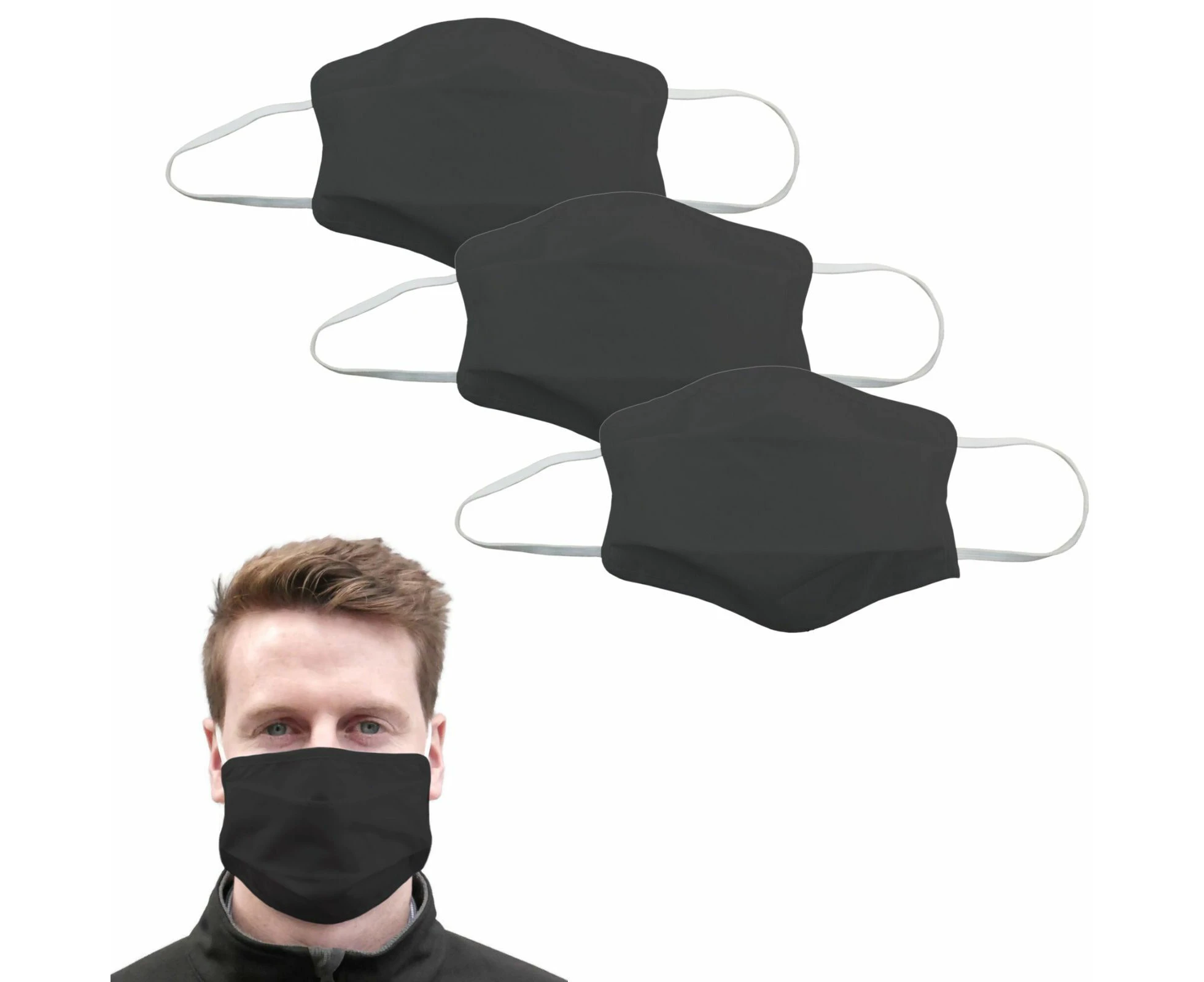 3x Tigerplast Fabric Face Mask Washable Reusable Mask Protect Anti-Microbial Mouth Cover - Black