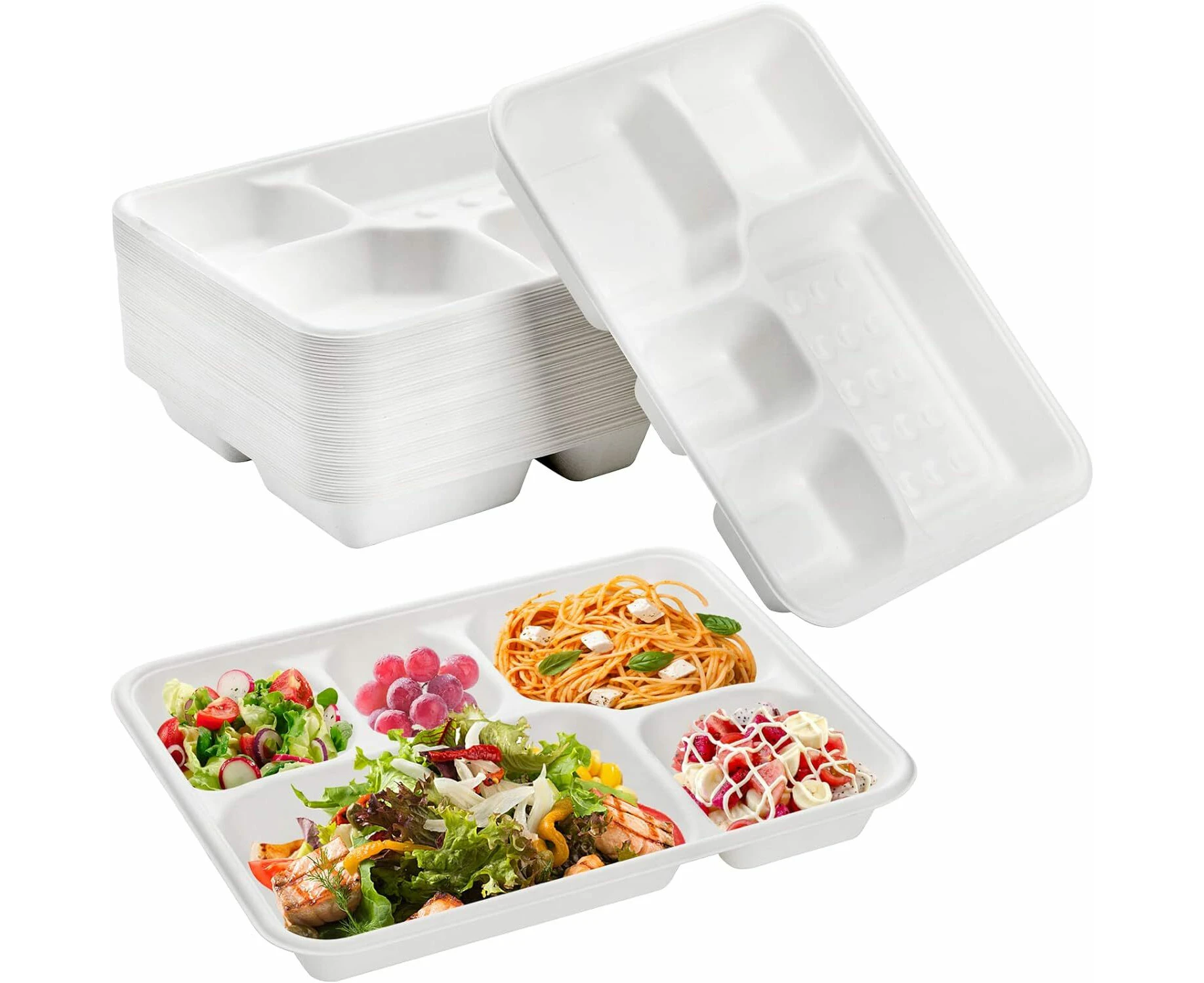 240pcs Sugarcane Bagasse 5 Deep Compartment Lunch Paper Tray Plates 28x22cm Bulk