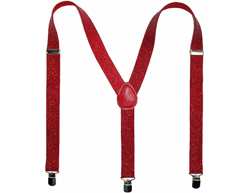 GLITTER SPARKLE SUSPENDERS Braces Clipon Elastic Y-Back Slim Adjustable - Red (Glitter)