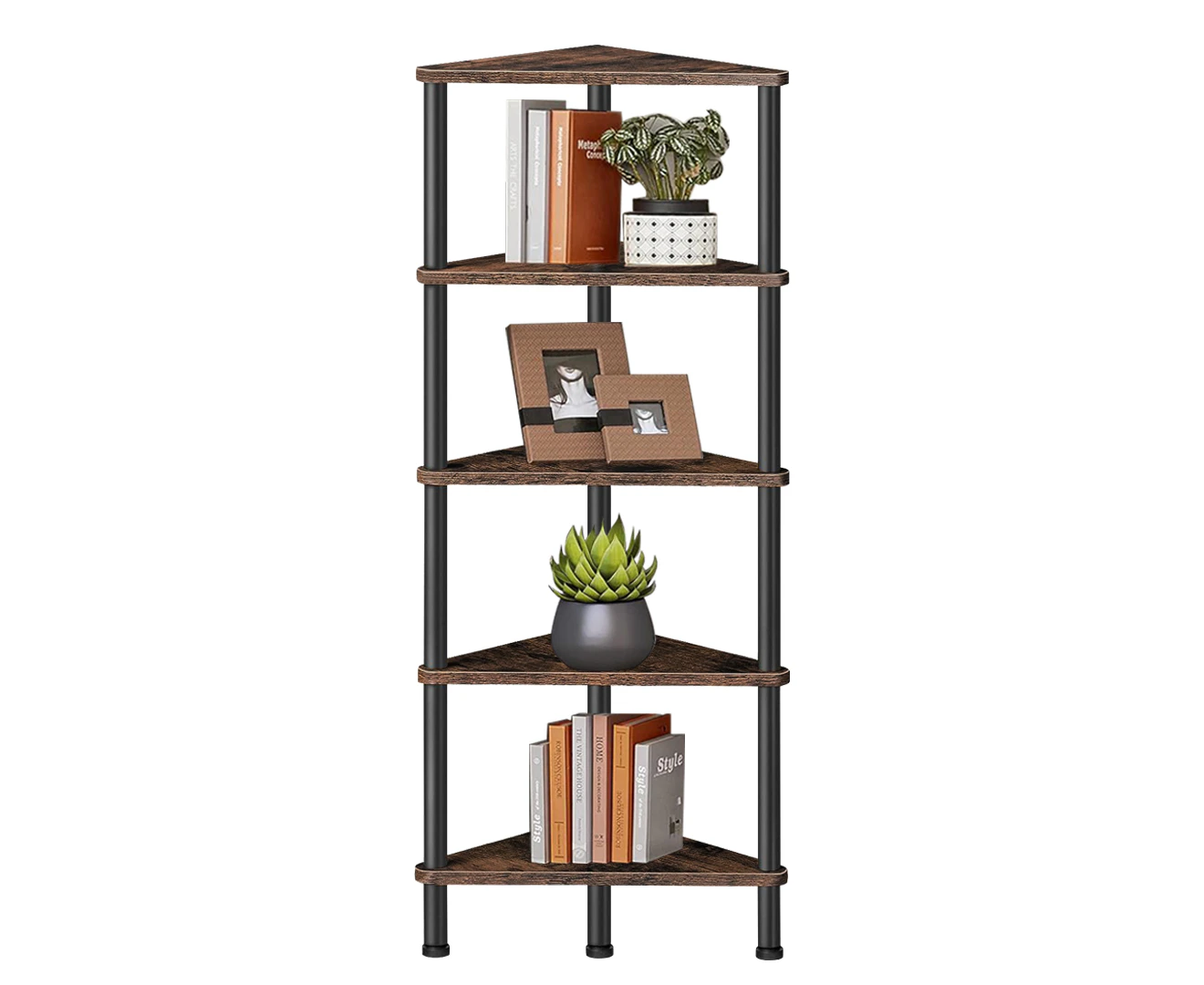 DelSol Metal Corner Shelf 5 Tier,Corner Bookshelf Stand Display Plant Shelf,Wood Bookcase for Small Spaces-Rustic Brown