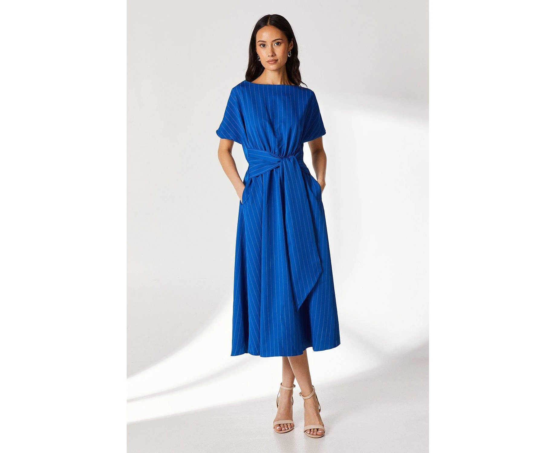 Principles Womens Pinstripe Belt Midi Dress (Navy) - DH7399