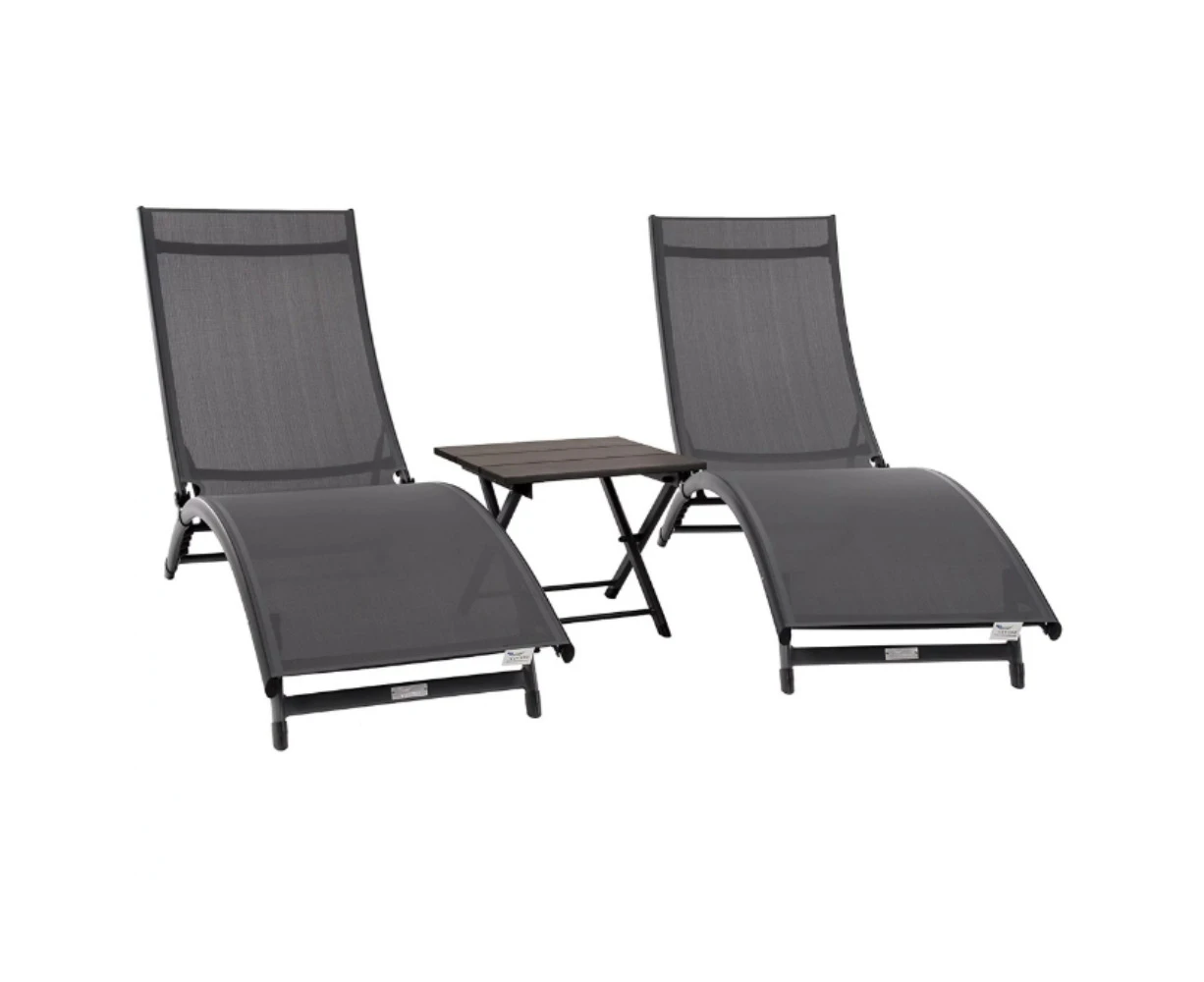 Coral Springs 3pcs Outdoor Lounger Set Recliner Chair Beds Table Lightweight Weather Resistant - Grey