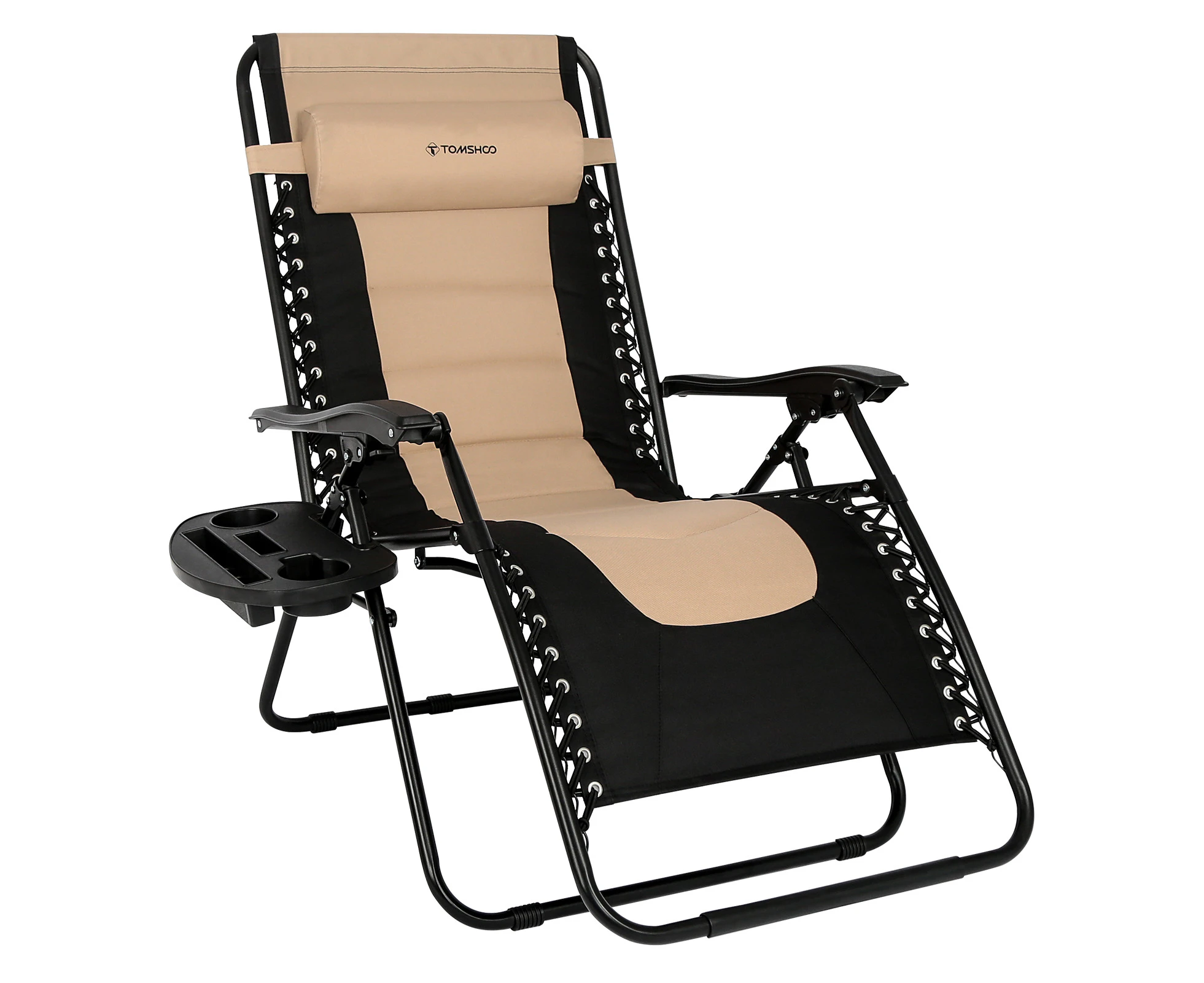 Outdoor Folding Lounge Chair Waterproof Oxford Cloth with Cotton Padded Adjustable Patio Zero Gravity Reclining Chair with Headrest Detachable Side Holder