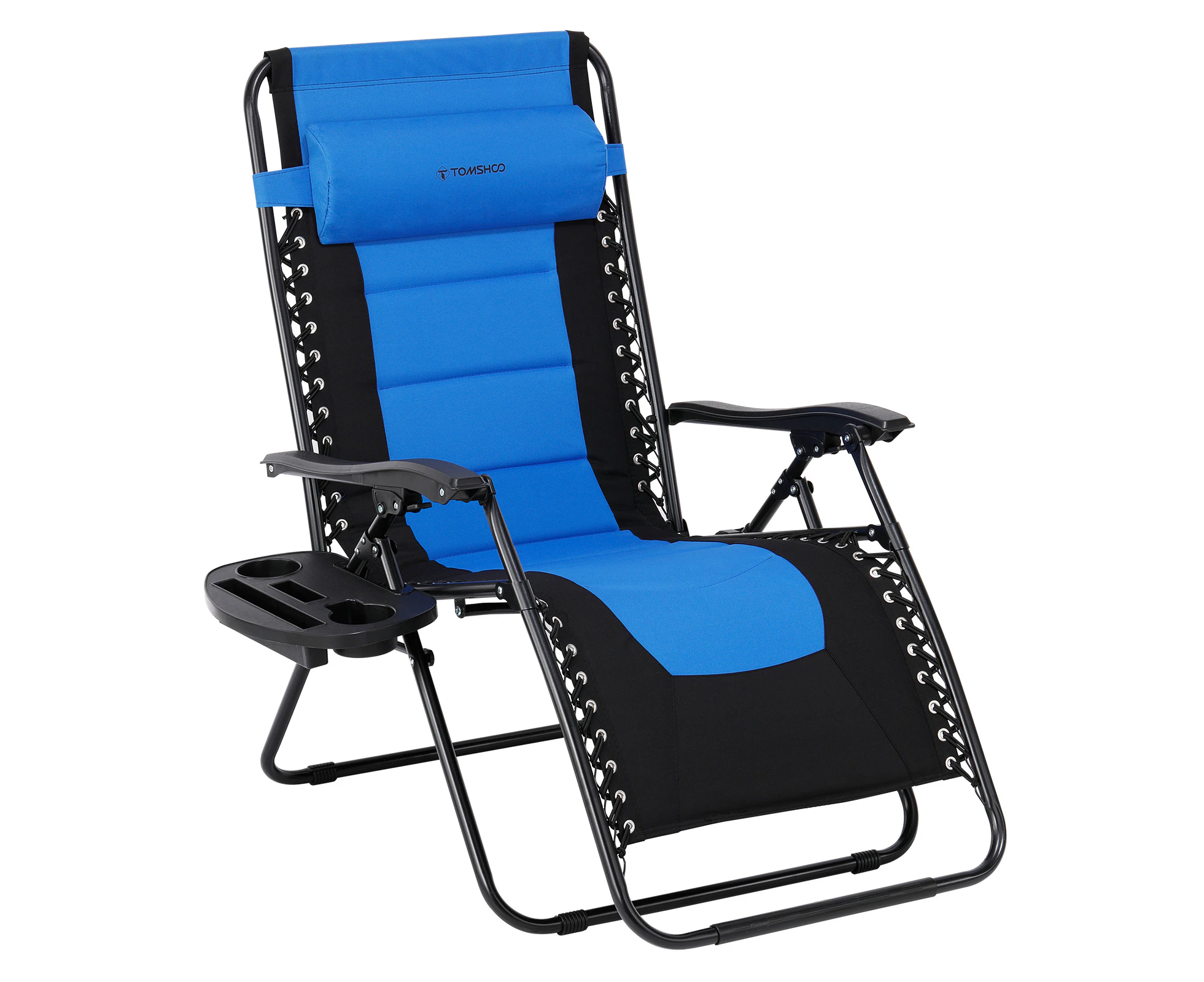 Outdoor Folding Lounge Chair Waterproof Oxford Cloth Padded Adjustable Patio Recliner with Headrest Detachable Side Holder for Lawn Backyard Camping Blue