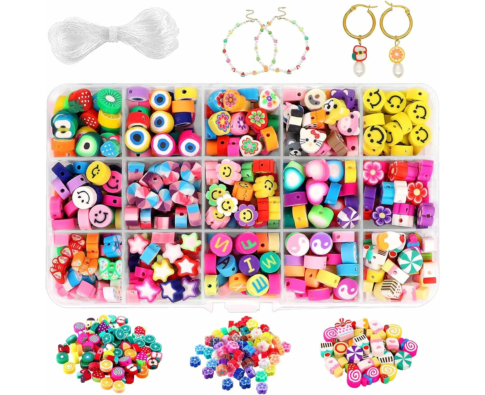 300PCS Fruit Smiley Handmade Polymer Clay Beads 15 Styles Flower Letter Soft Beads for Women Girls Jewelry Making DIY Bracelet Necklace Earring Acces