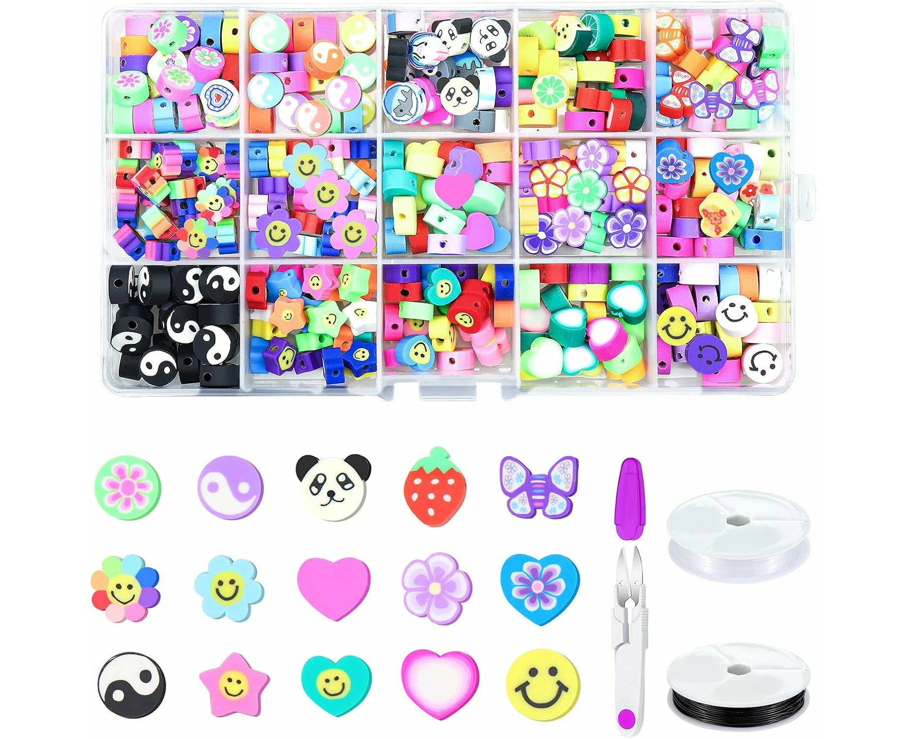 300 Pcs Beads Set, 10mm 15 Styles Polymer Clay Spacer Beads Cartoon Fruit Flower Theme with 2 Roll Elastic Strings & Scissorsfor DIY Handmade Jewelry