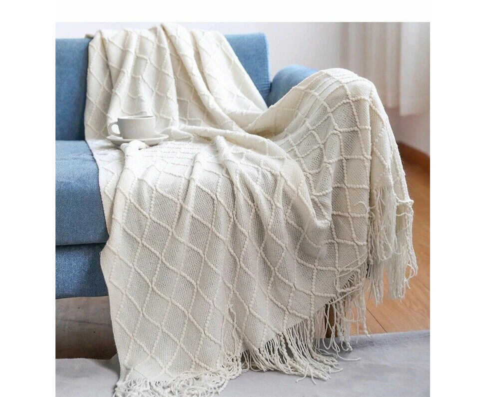 Cream Knitted Throw Blanket Rug Sofa Bed Couch Winter Fringe Soft Acrylic Blankets