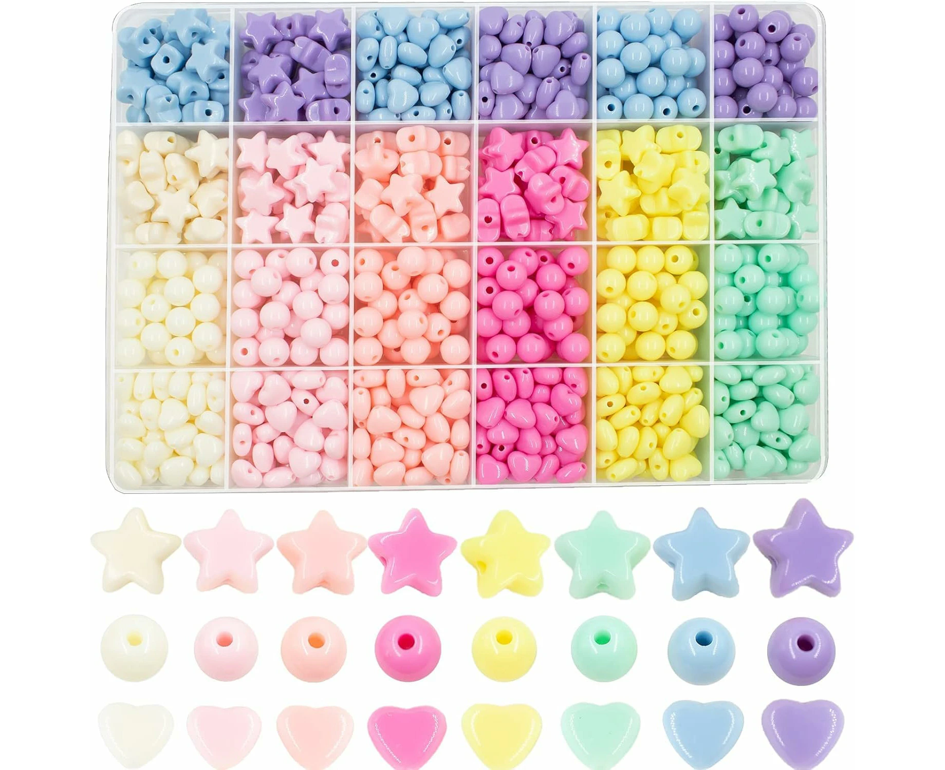 720Pcs Candy Color Acrylic Heart Beads Star Beads Round Beads, Colorful Assorted Plastic Pastel Beads Heart Star Circle Shape Cute Loose Beads Bulk fo