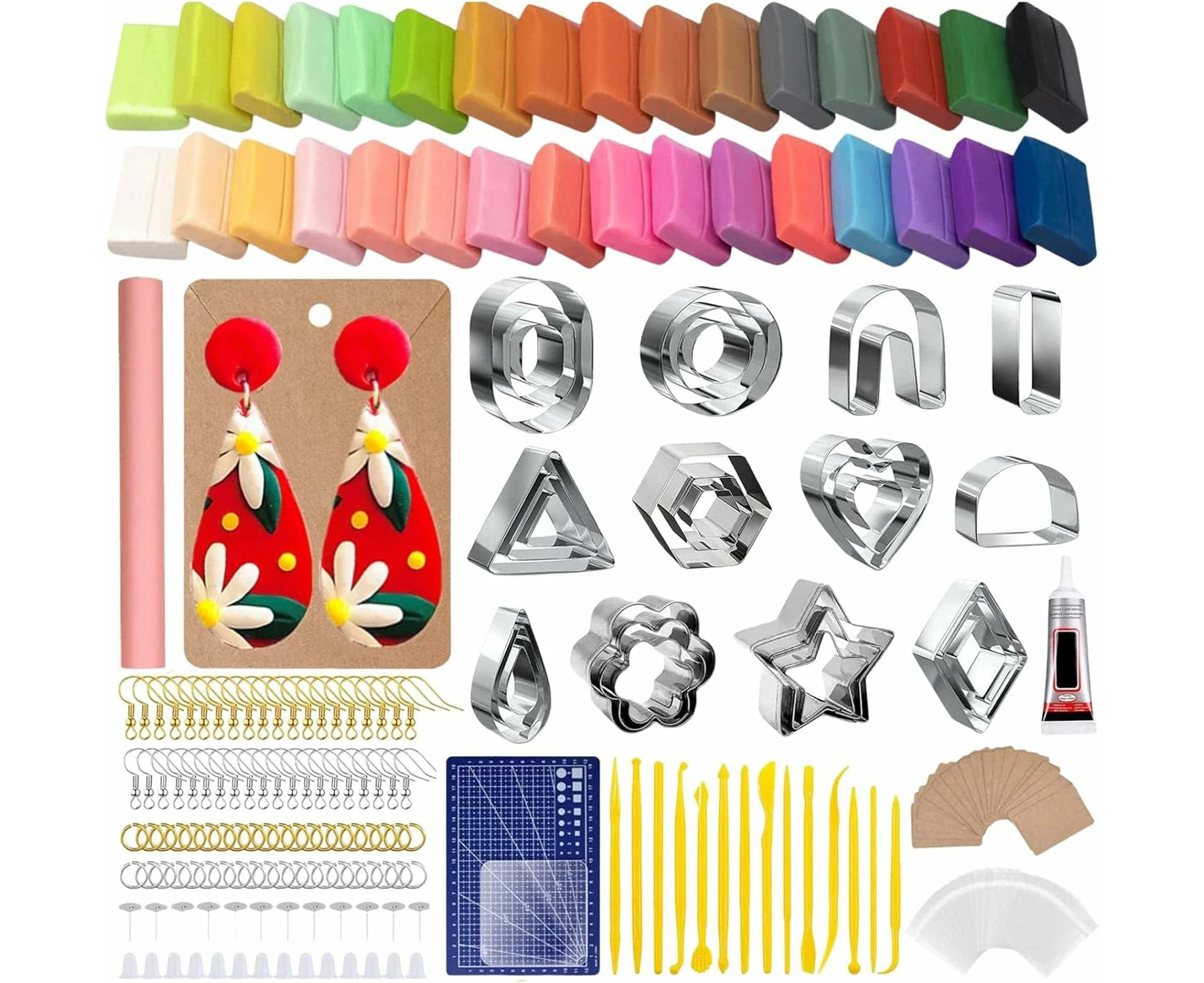 Clay Earring Making Kit for Polymer, Charms for Making Earrings-302Pcs, 30Pcs Cutters, 32 Colors Clay, Tools, Rollers, Earring Hooks, for Polymer Clay