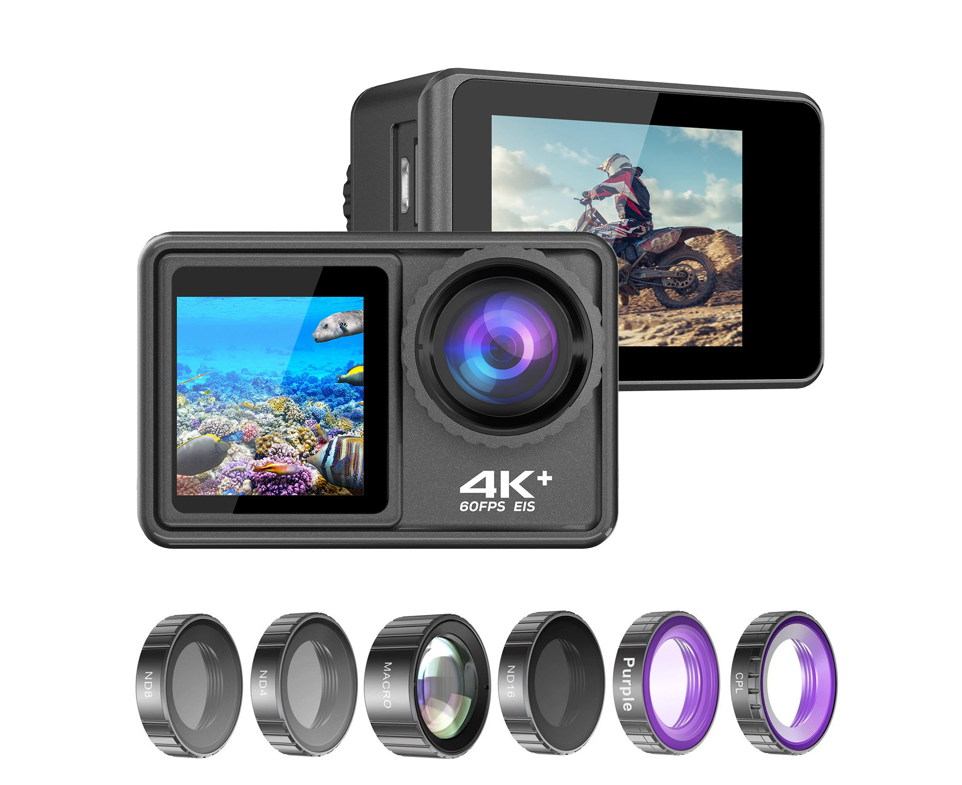 4K 24MP Dual Screen Sport Camera DV Camcorder 2.0 Inch Screen 170° Wide Angle EIS 40m Waterproof WiFi with Macro CPL ND4 8 16 Purple Lens for Outdoor Spor