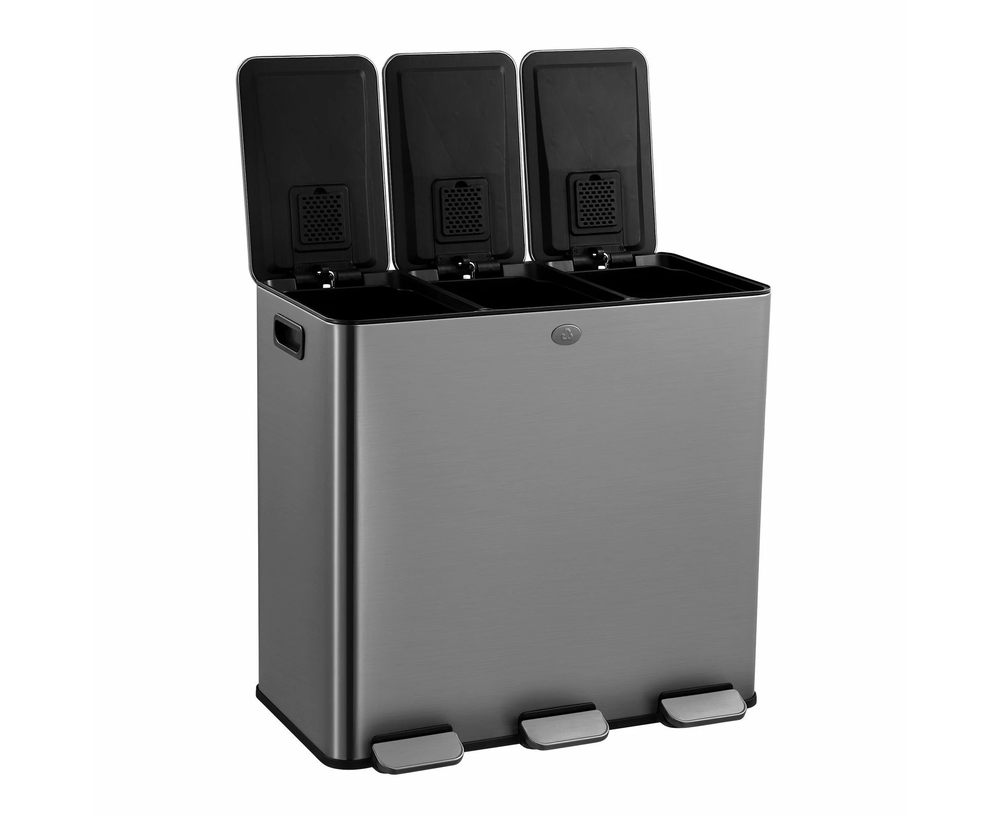 60L Pedal Bin Dustbin Kitchen Rubbish Recycling Waste Trashcan 3 Compartment Garbage Stepbin Stainless Steel Black