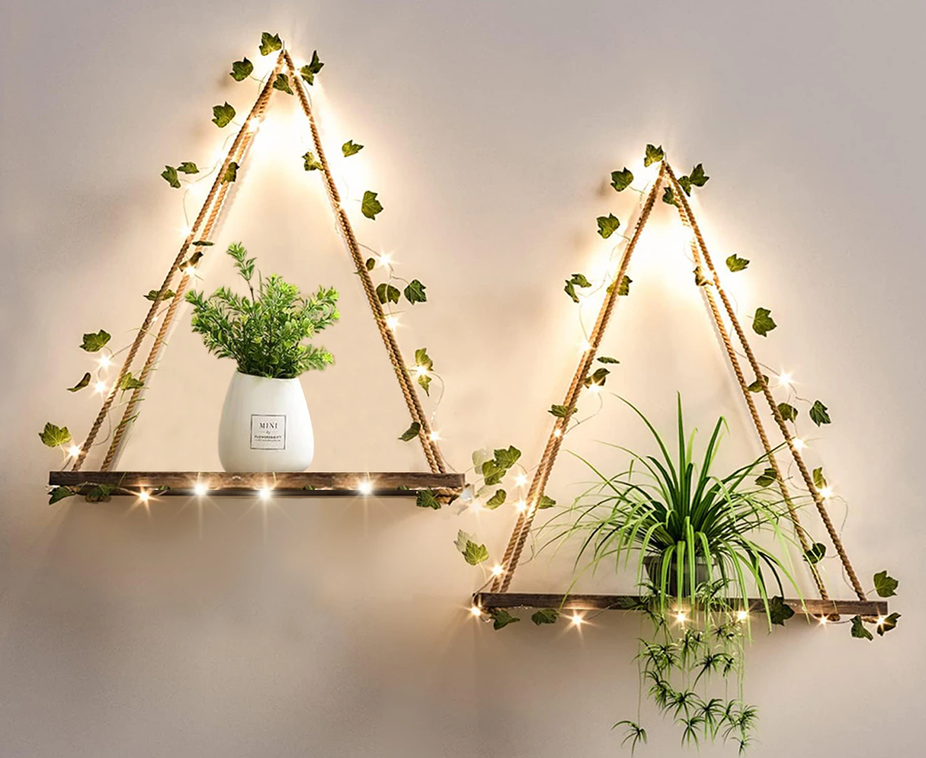 DelSol 2pcs Set Artificial Ivy LED-Strip Wall Hanging Shelves for Home Decor Bathroom Living Room