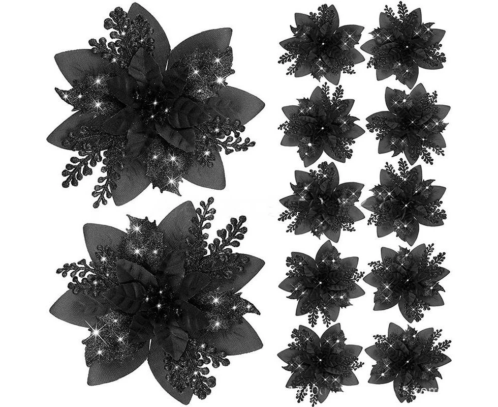 Madesmart 12 Pcs Poinsettia Flowers Ornaments Glitter Artificial Flowers with Clips for Xmas Party Wreath Garland Decoration-Black