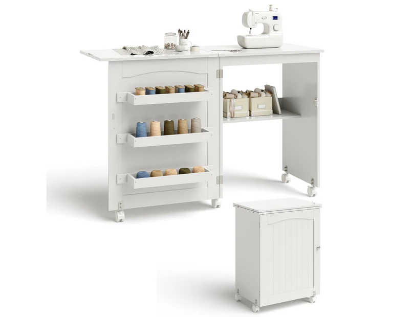 Costway Folding Sewing Table Mobile Craft Cart Storage Cabinet Work Station Desk w/Lockable Casters White