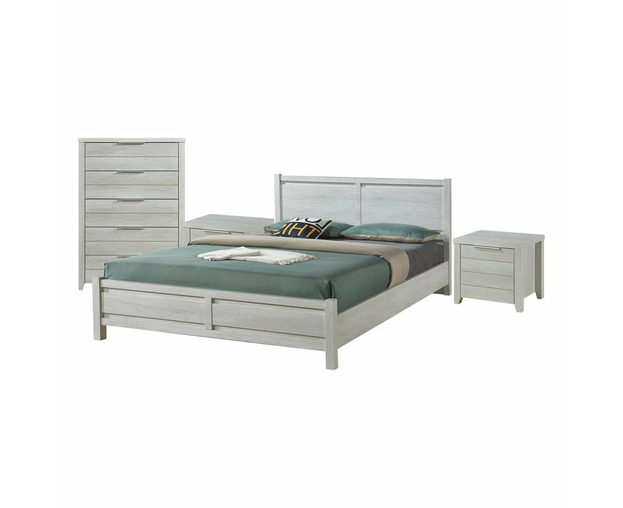 4 Pieces Bedroom Suite Natural Wood Like MDF Structure Queen Size White Ash Colour Bed, Bedside Table & Tallboy