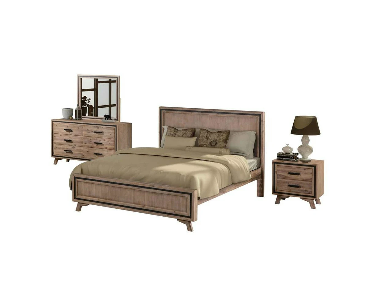 4 Pieces Bedroom Suite King Size Silver Brush in Acacia Wood Construction Bed, Bedside Table & Dresser