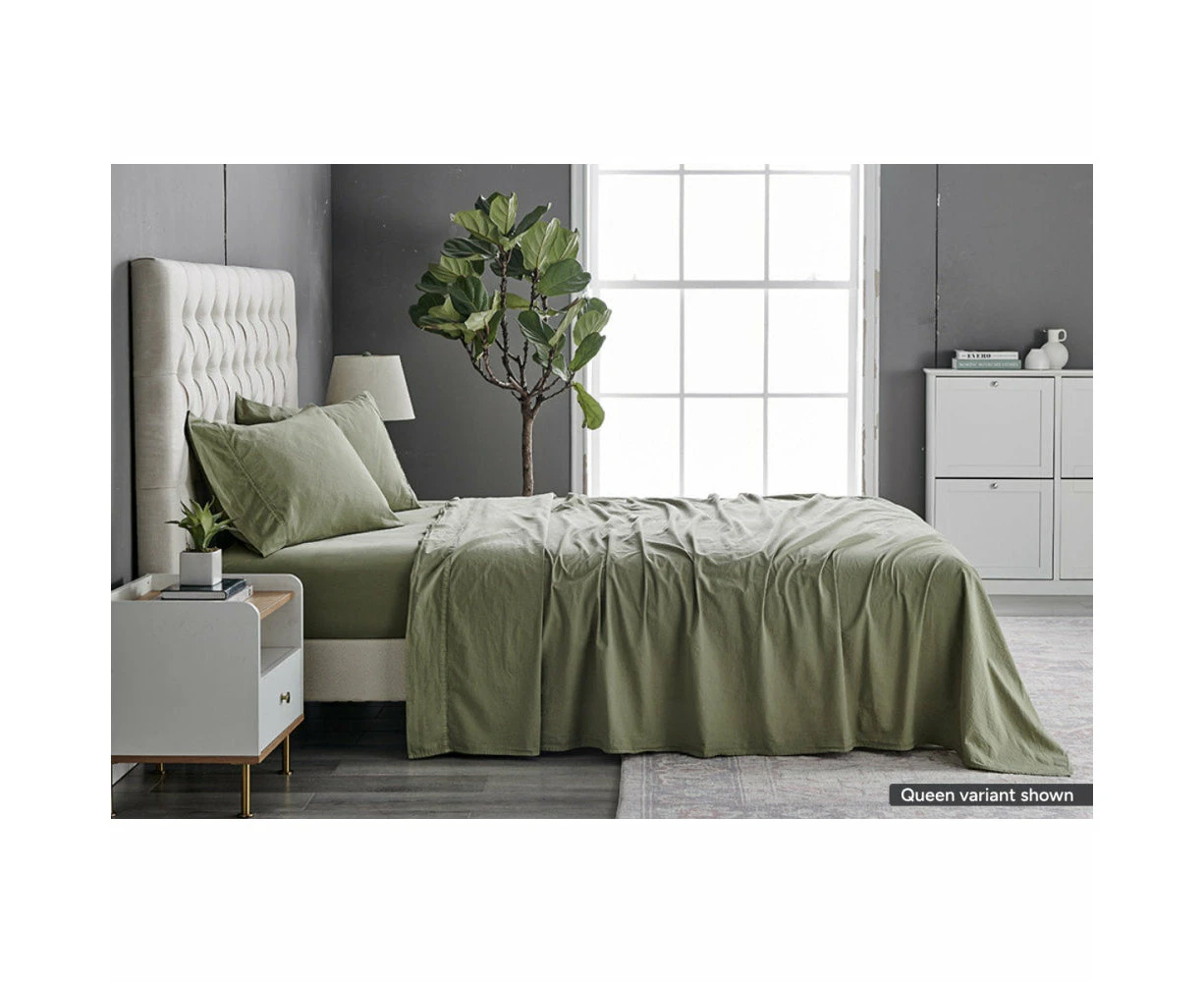 Sydney Stonewash Cotton Bed Sheet Set Oil Green - Double