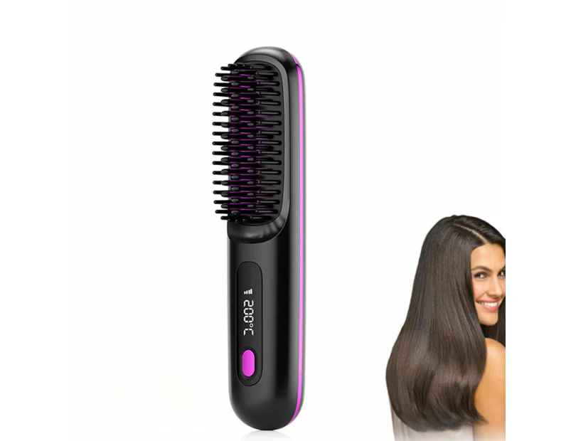 Cordless Hair Straightening Brush Portable Electric Heat-Up Straightener Comb Black