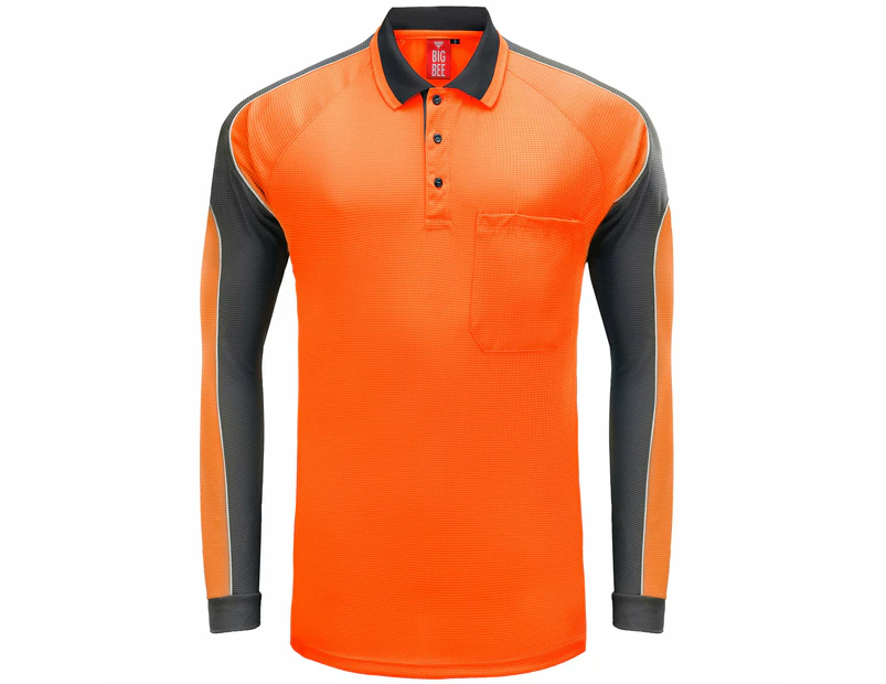 Big BEE Panel Polo Shirt Mens Workwear Short Sleeve Pocket Sport Cool Black Blue Pink Hi Vis - ORANGE GREY