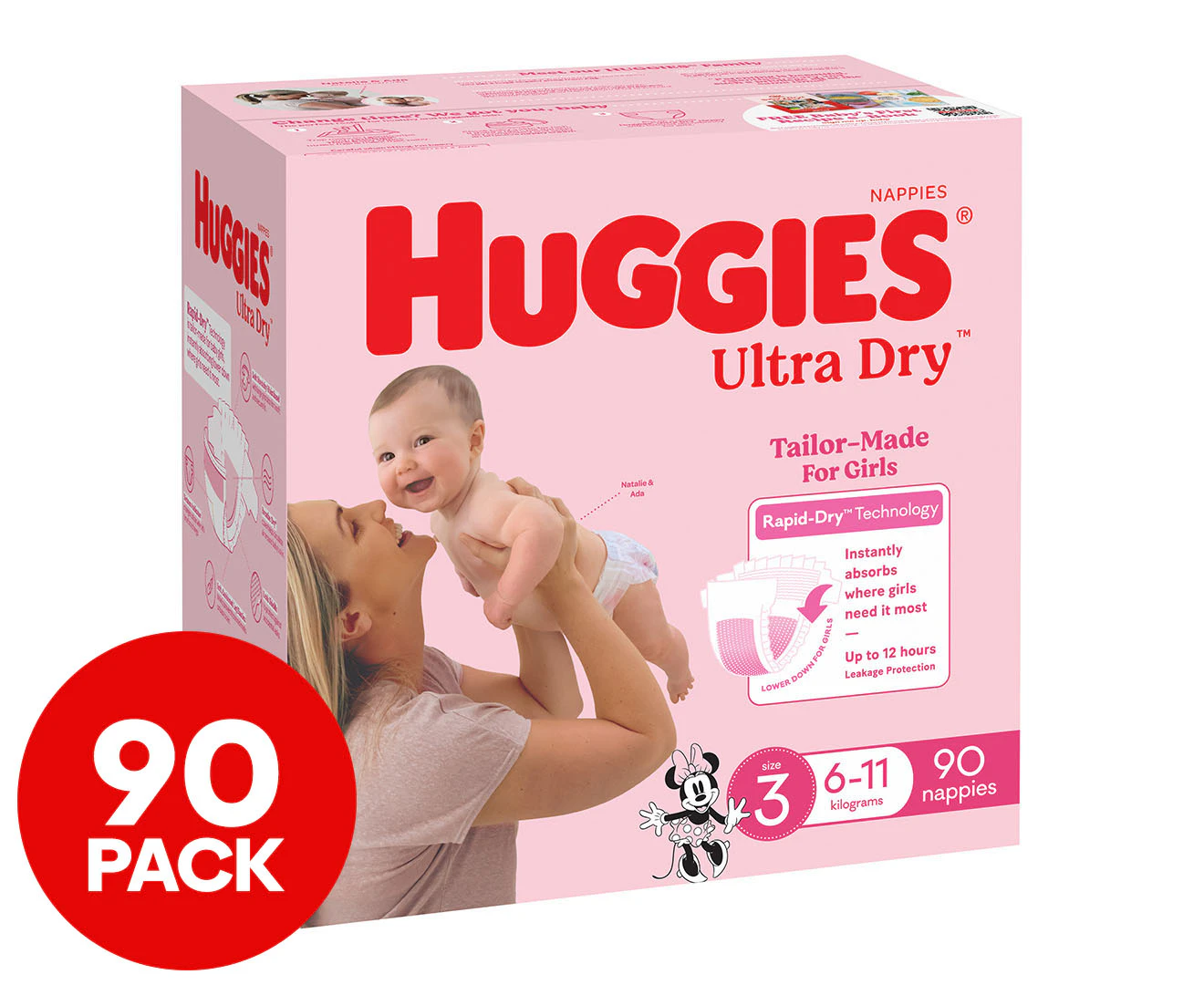 Huggies Ultra Dry Nappies for Girls Size 3 6-11kg 90pk