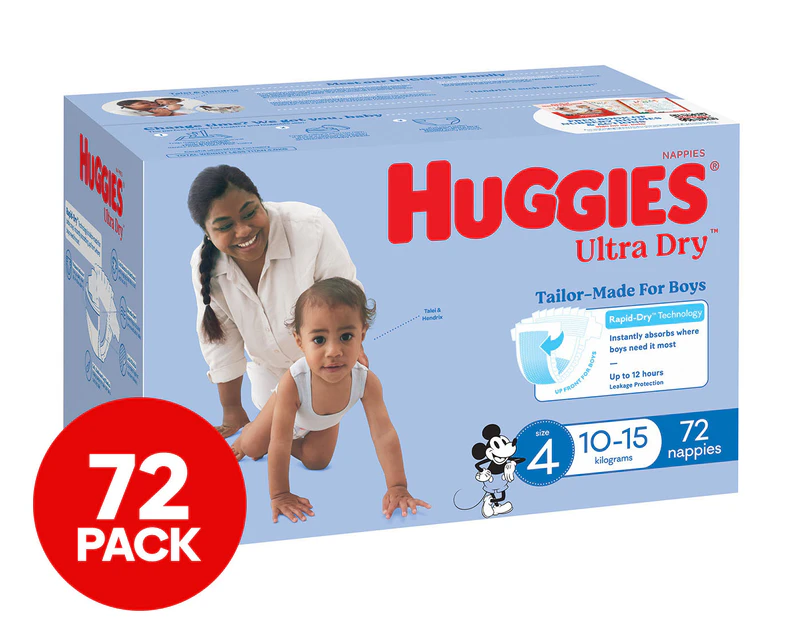 Huggies Ultra Dry Nappies for Boys Size 4 10-15kg 72pk