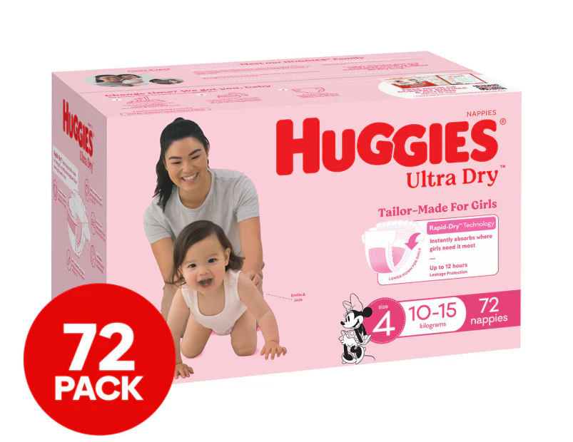 Huggies Ultra Dry Nappies for Girls Size 4 10-15kg 72pk