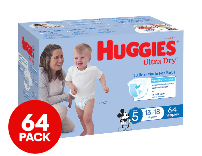 Huggies Ultra Dry Nappies for Boys Size 5 13-18kg 64pk