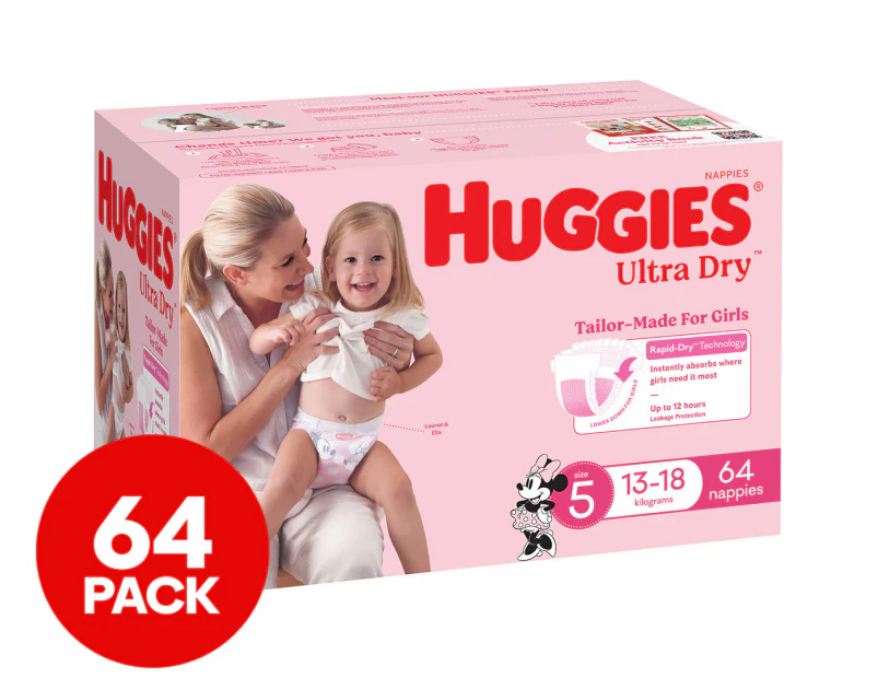 Huggies Ultra Dry Nappies for Girls Size 5 13-18kg 64pk