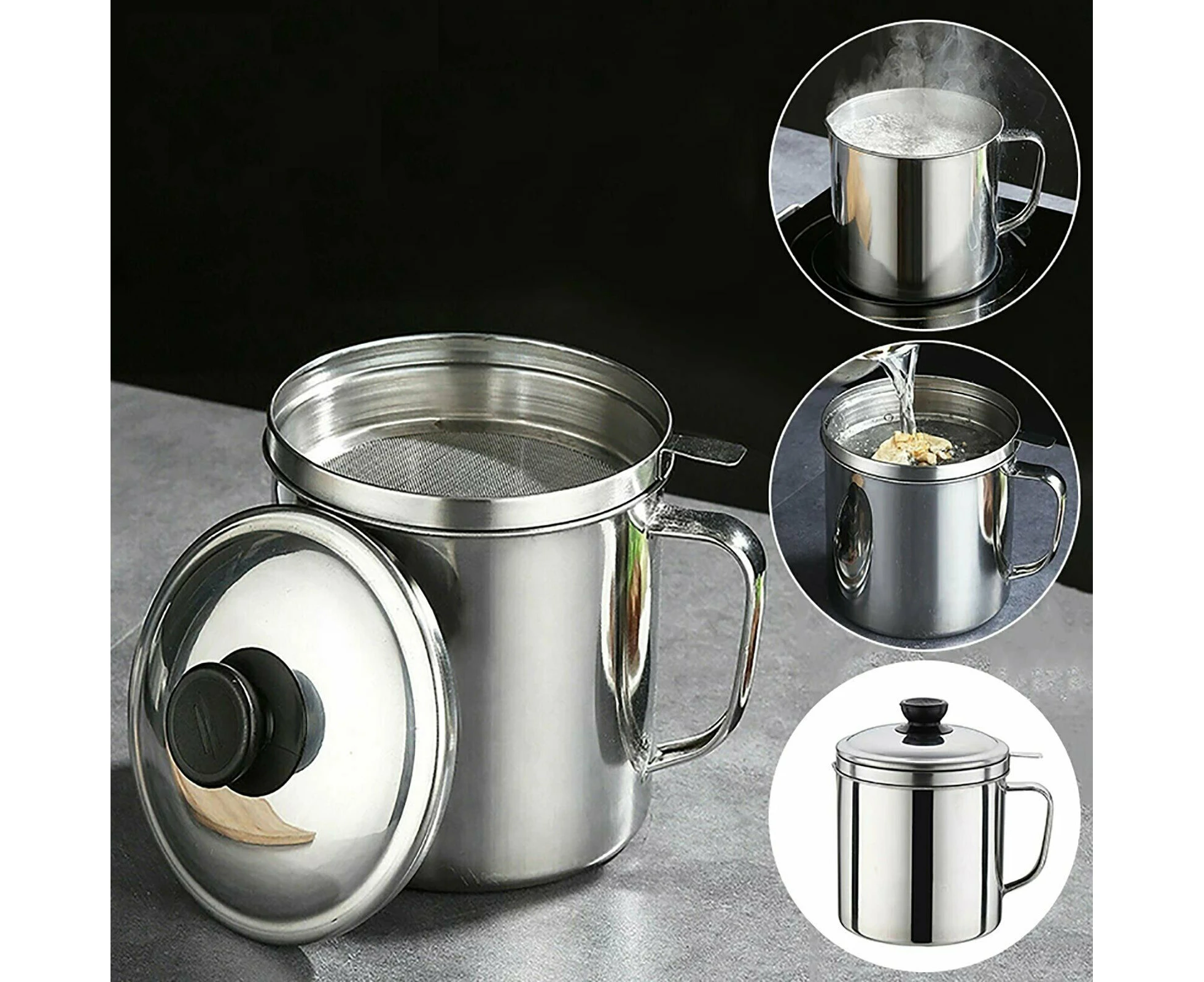 1.8L Stainless Steel Oil Filter Pot Cooking Soup Grease Strainer Separator Home