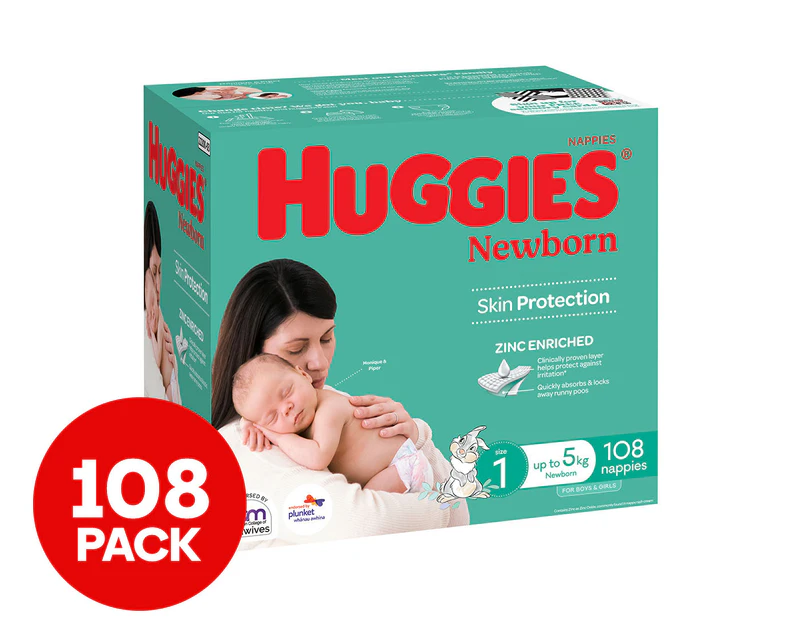 Huggies Newborn Nappies Size 1 Up to 5kg 108pk