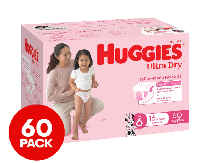 Huggies Ultra Dry Nappies for Girls Size 6 16kg+ 60pk