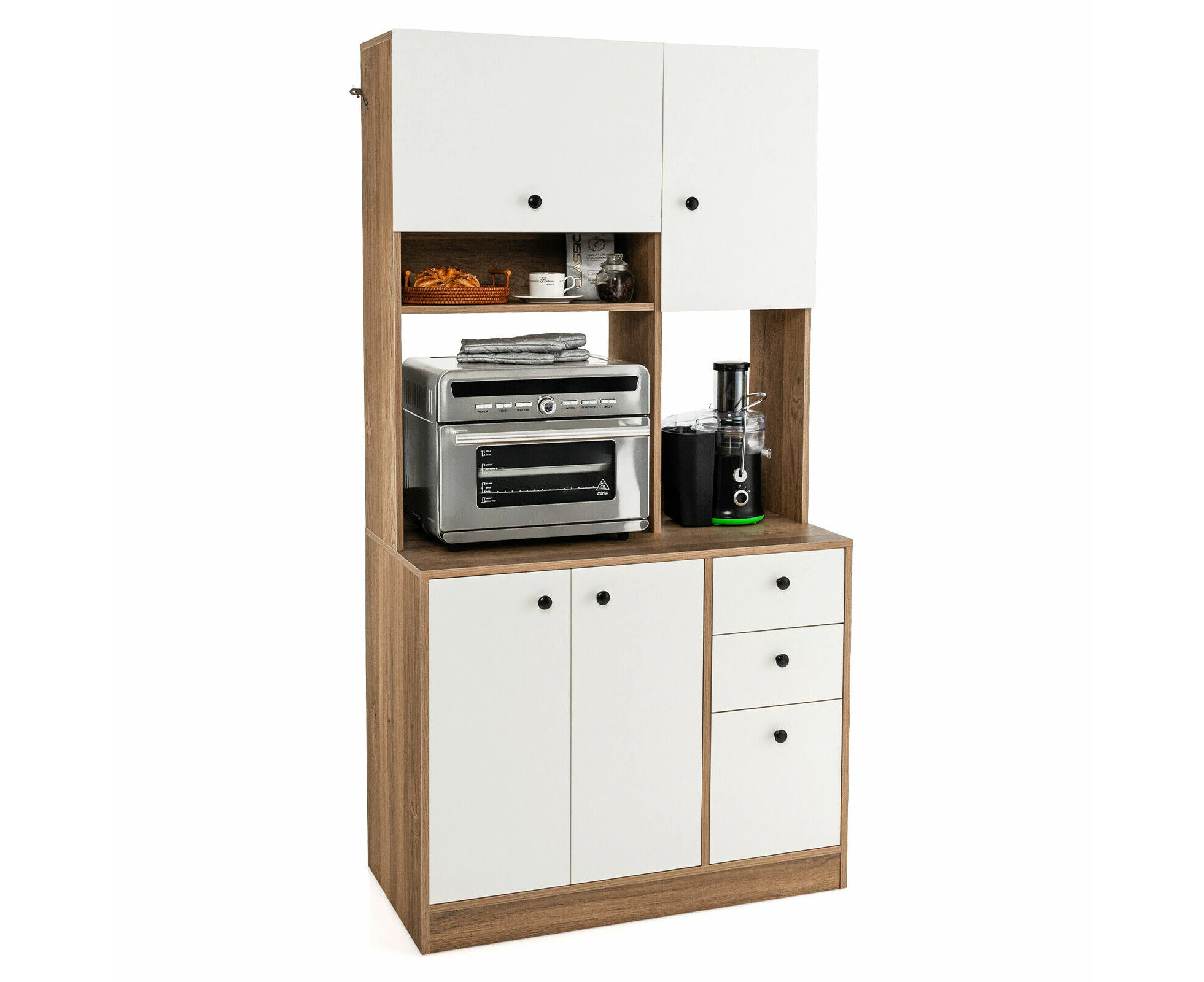 Giantex Storage Cabinet 3-Door Kitchen Pantry w/3 Drawers & 2 Adjustable Shelves Buffet Hutch Cupboard Living Room Kitchen, White & Natural