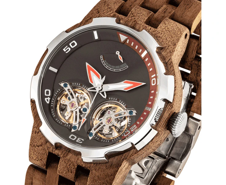 Walnut Wood Dual Wheel Automatic Men's Watch Model Wd 1001 Black And Red