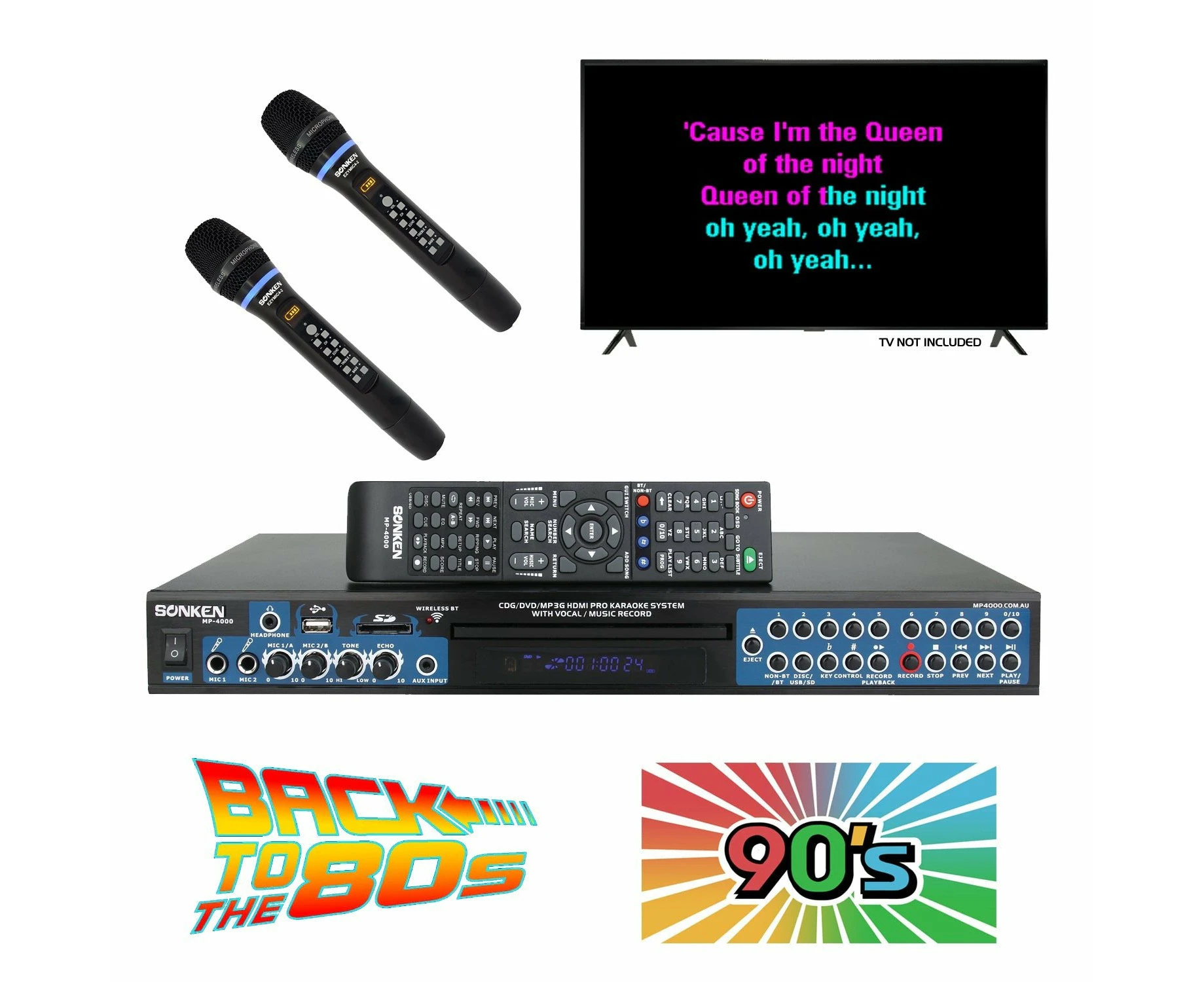 Sonken MP4000 Pro Karaoke Machine + 420 Songs from the 80's & 90's + 2 Wireless Microphones