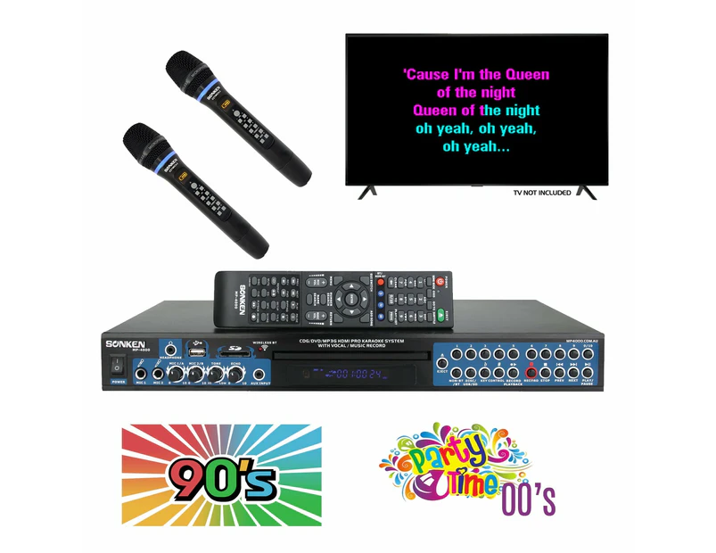 Sonken MP4000 Pro Karaoke Machine + 435 Songs from the 90's & 00's + 2 Wireless Microphones