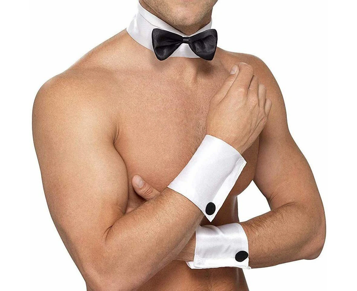 Male Stripper Set Costume Cuffs Collar & Bow Tie Waiter Fun Kit Fancy Dress