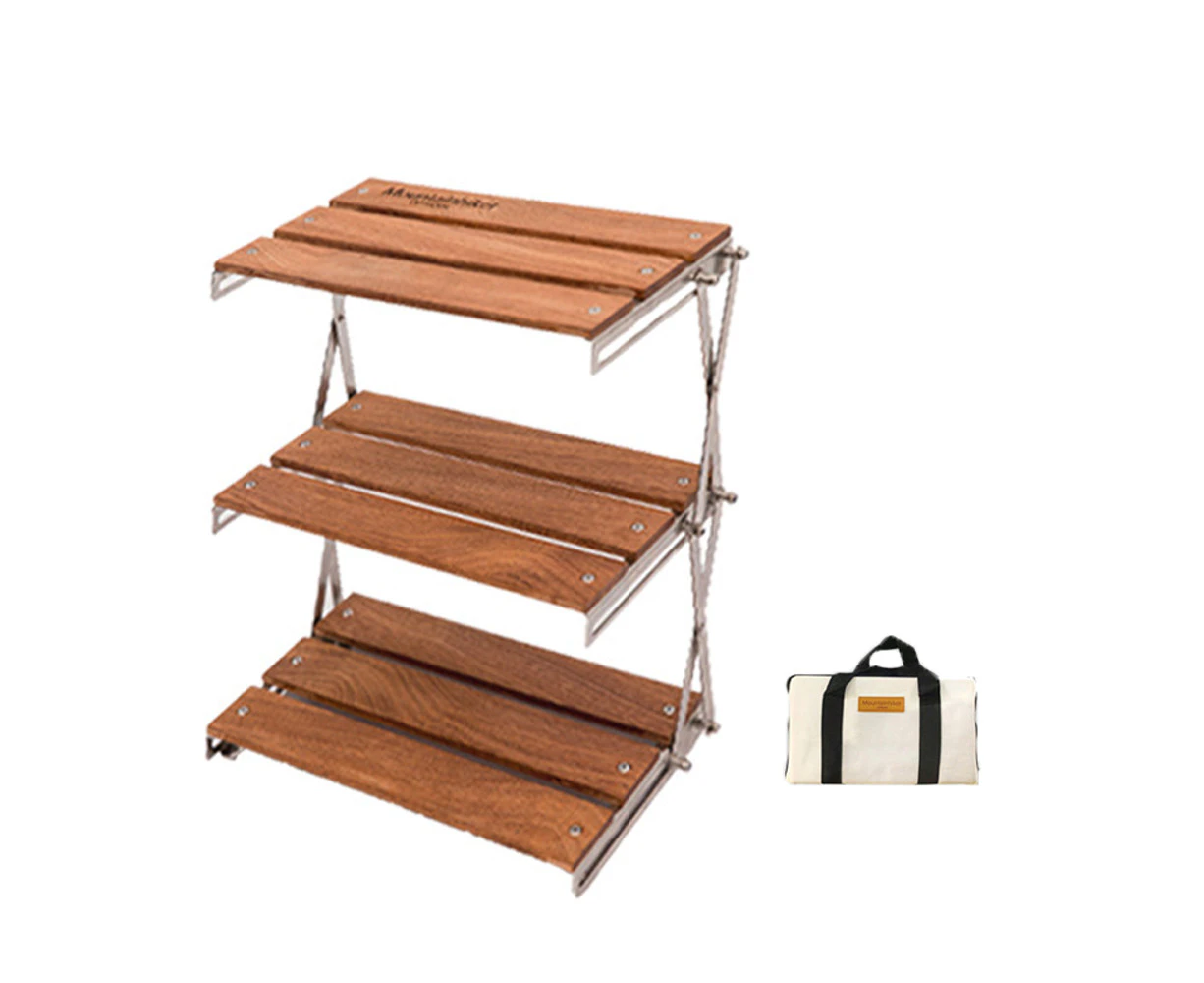 Outdoor Camping Cups Bowls Folding Storage Rack Wooden Three-tier Storage Bracket Picnic BBQ Tableware Cookware Storage Rack Campsite Tools Shelf