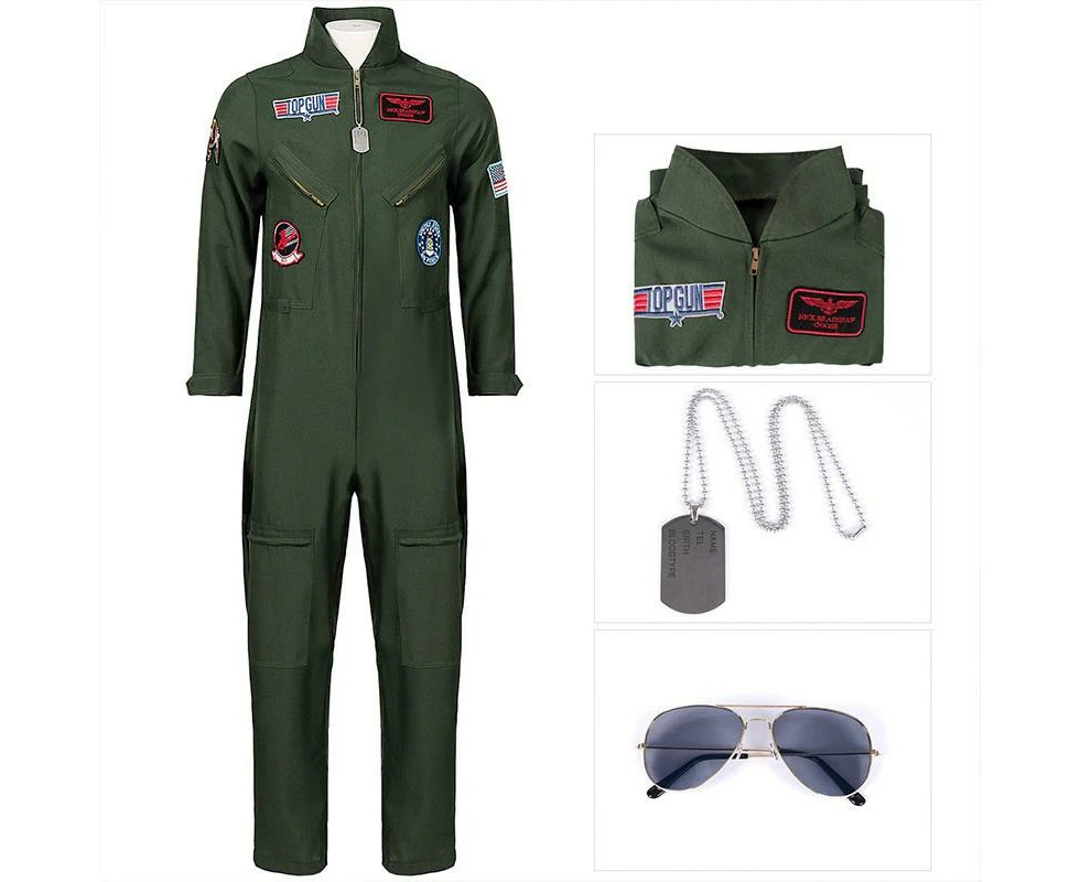 Adult Top Gun Costume Flight Uniform Aviator Fighter Pilot Jumpsuit 80s Fancy Dress