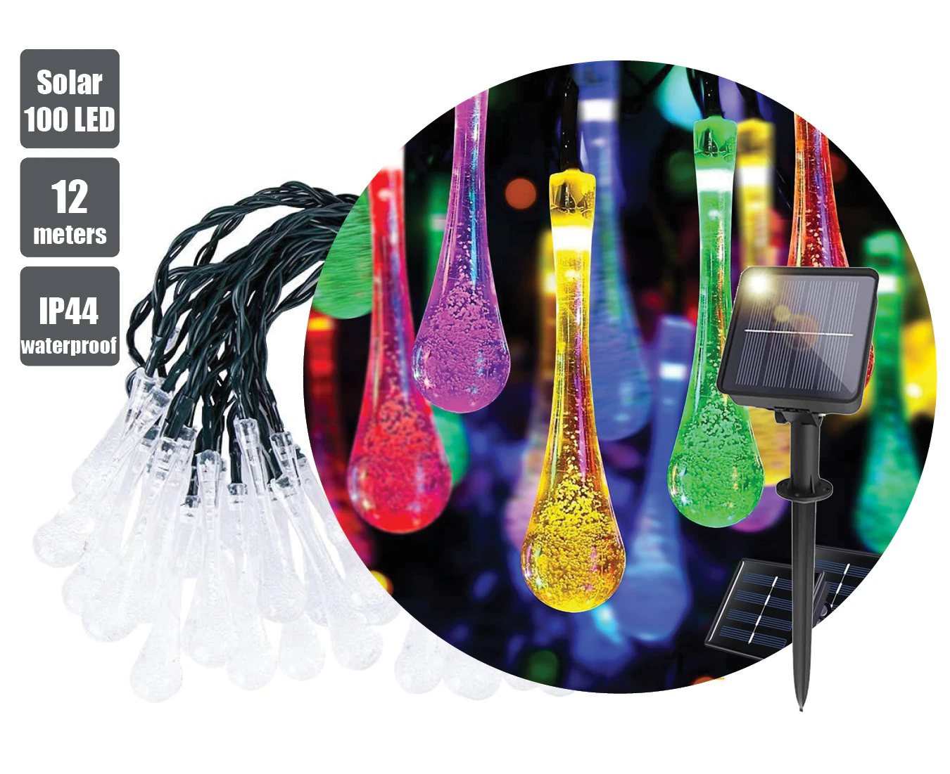 100 LED Solar Lights Garden Outdoor (Sydney Stock) 12m Decoration Waterdrop String Lights Multi Colour 8 Modes Waterproof