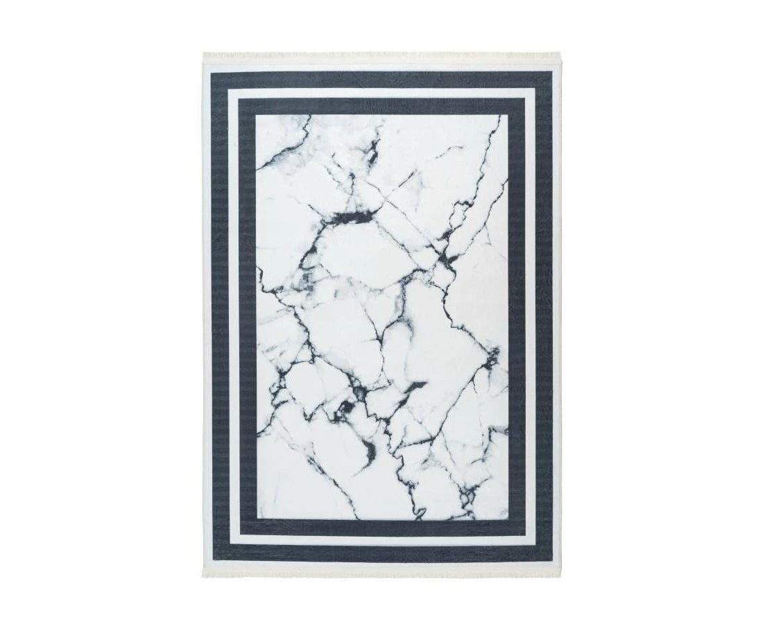 Peri 203 Silver White Machine Washable Marble Rug With Border 1