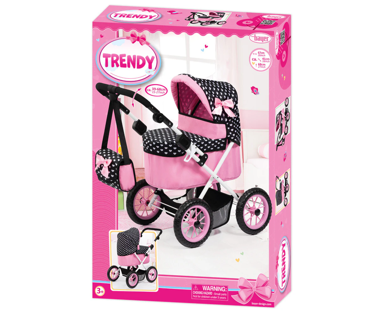 Bayer 68cm Trendy Folding Doll Pram Kids/Children Toy w/ Bag Black/Pink 3y+