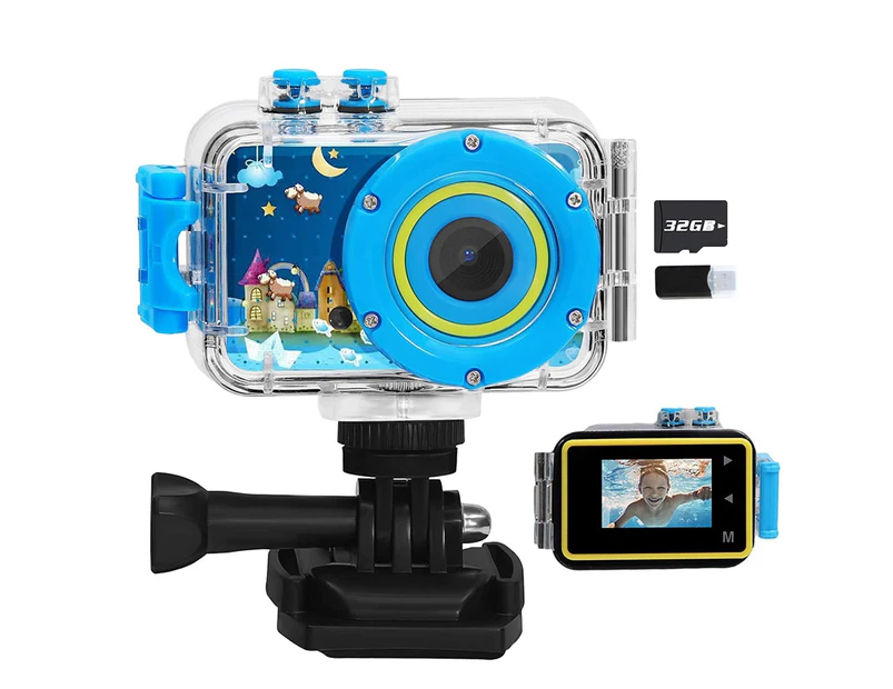 Kids Waterproof Camera Toys Outdoor Sports Camera with 32GB Memory Card - Blue