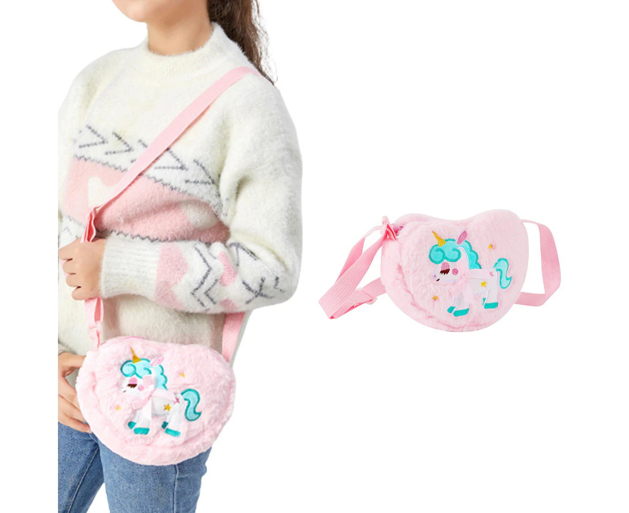 Girls Cute Plush Heart Unicorn Embroidery Crossbody Bag Zipper Shoulder Bag-Pink