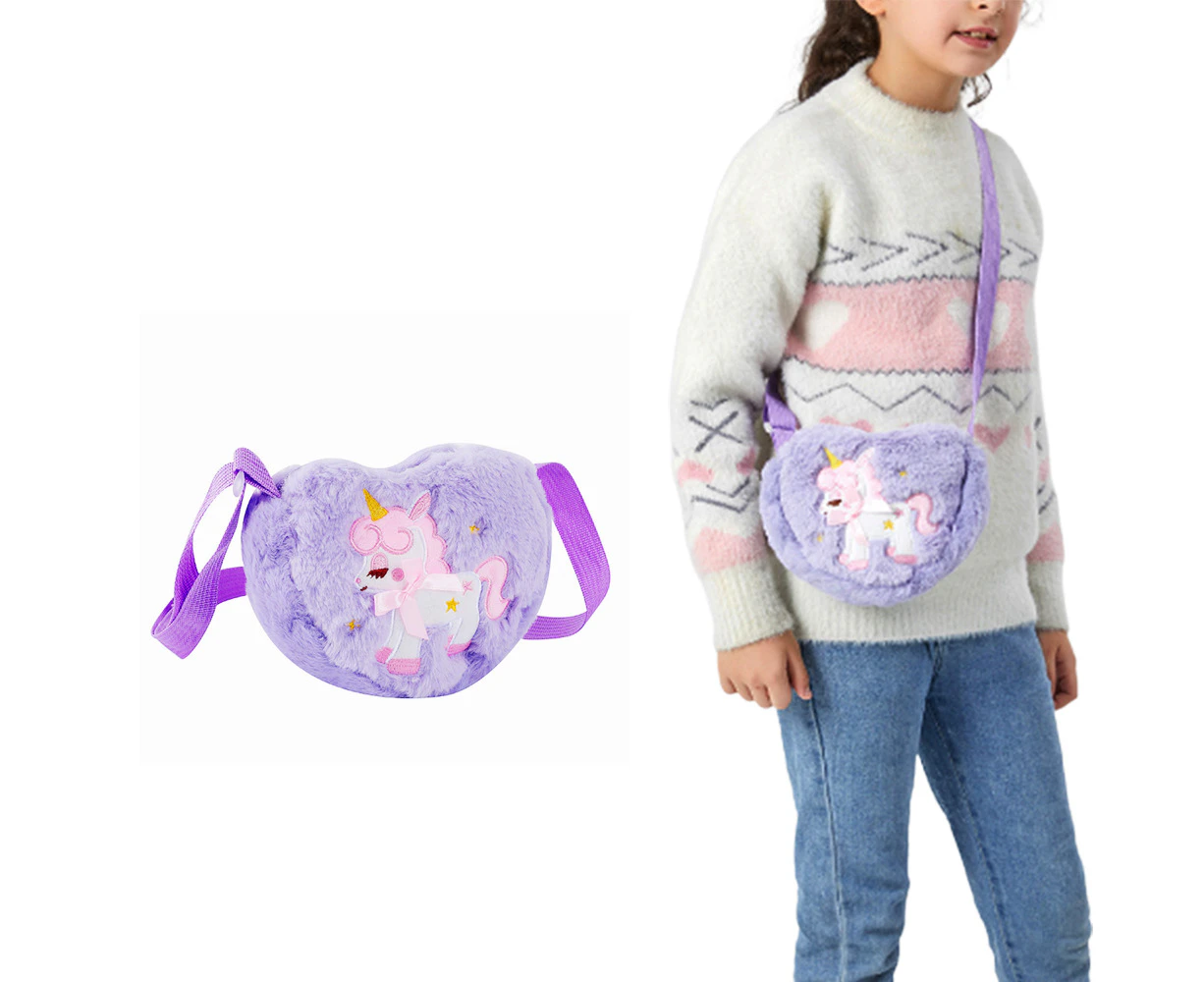 Girls Cute Plush Heart Unicorn Embroidery Crossbody Bag Zipper Shoulder Bag-Purple