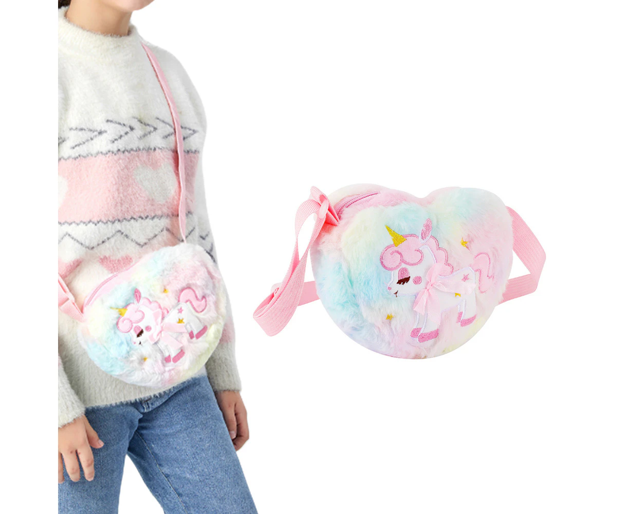 Girls Cute Plush Heart Unicorn Embroidery Crossbody Bag Zipper Shoulder Bag-Multicolor