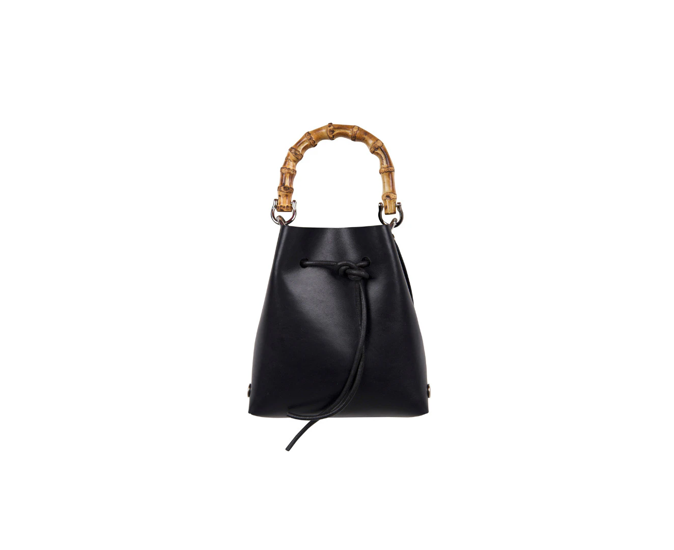 Katya Komarova Leather Bucket Bag w/Bamboo Handle - Black/Wide Black Strap