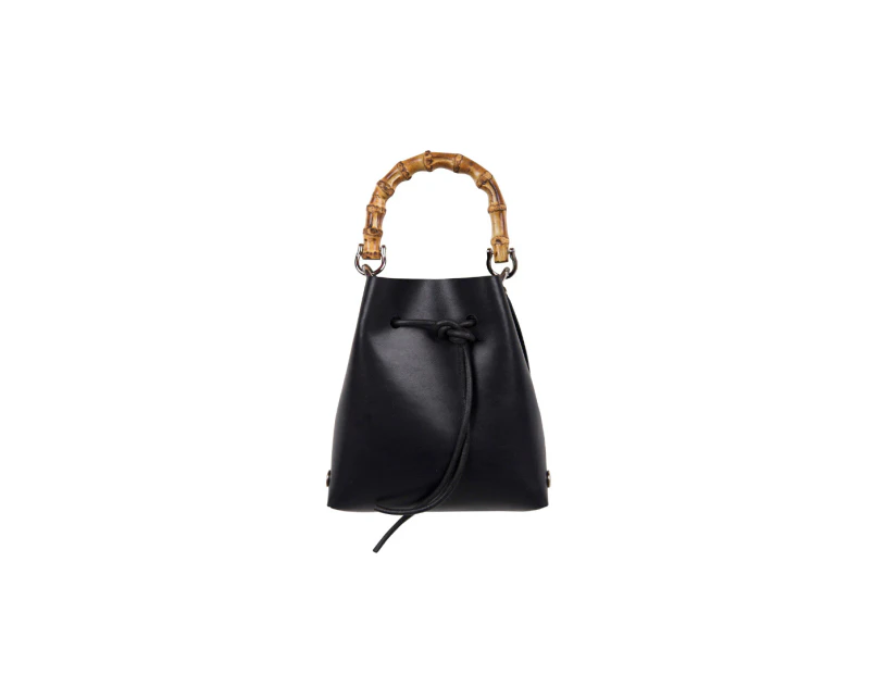 Katya Komarova Leather Bucket Bag w/Bamboo Handle - Black/Wide Black Strap