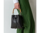 Katya Komarova Leather Bucket Bag w/Bamboo Handle - Black/Wide Black Strap