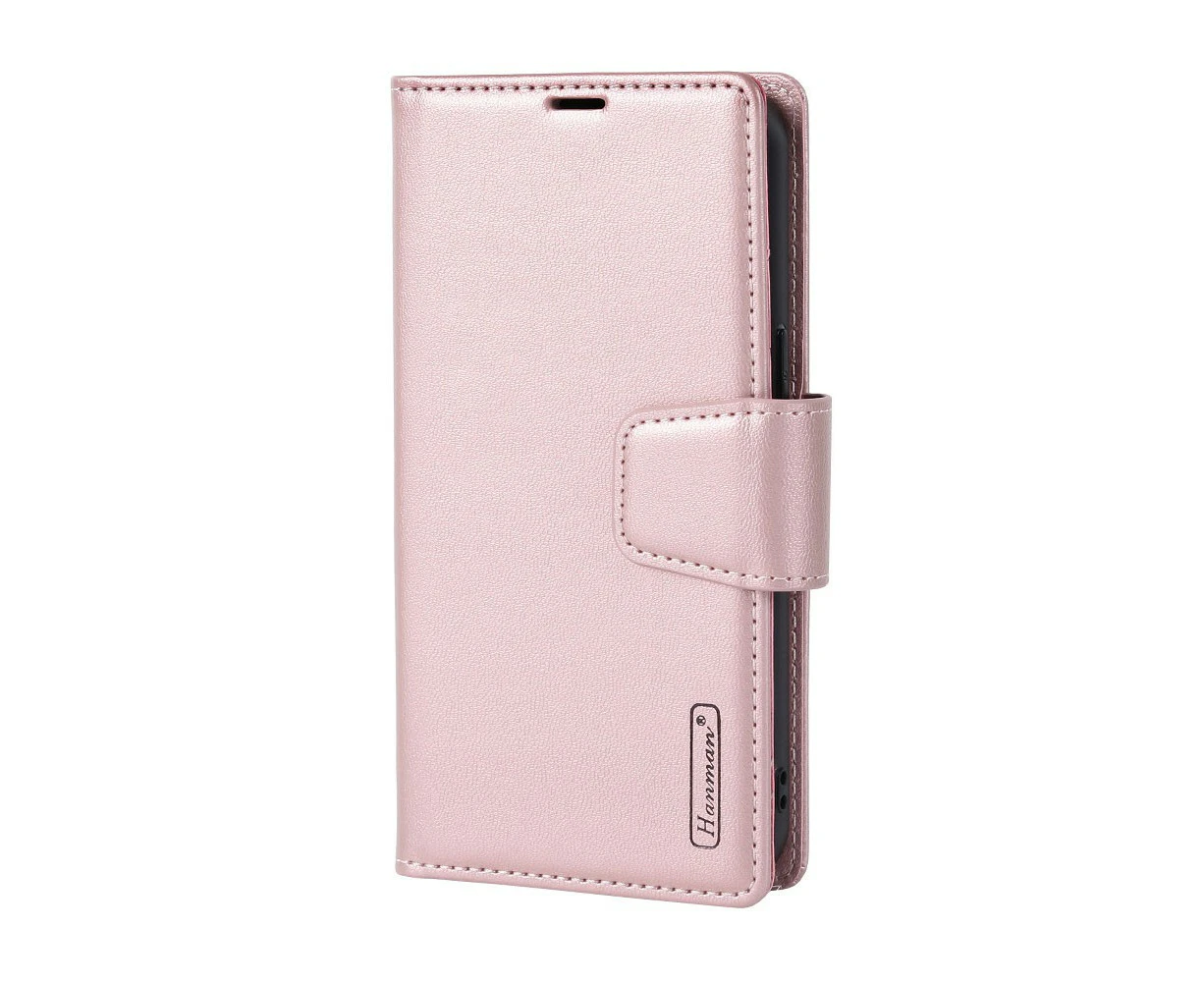 Hanman 2 in 1 Detachable Magnetic Flip Leather Wallet Cover Case for iPhone 15 Plus-Rose Gold